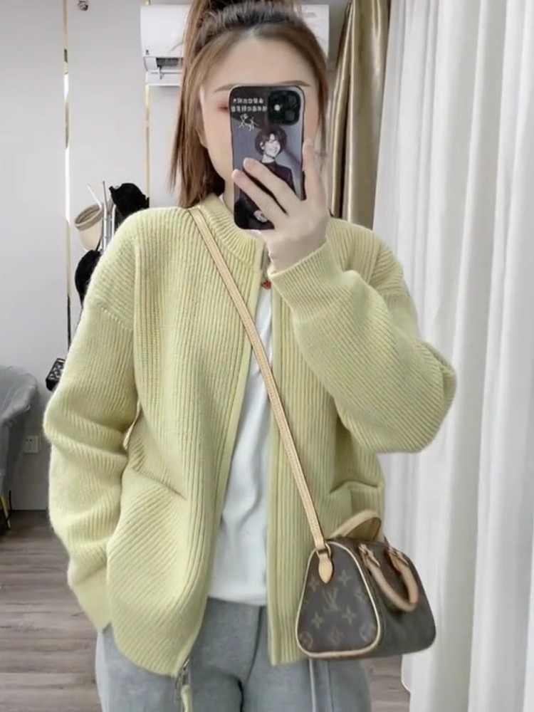 Knitted Cardigan Women's 2023 Autumn and Winter New Korean Style Round Neck Slim Solid Color Double Zipper Short Jacket for Small Men