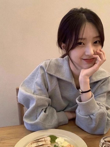 Pure cotton Chinese cotton composite milk silk gray lapel long-sleeved sweatshirt for women spring and autumn thin loose short pullover