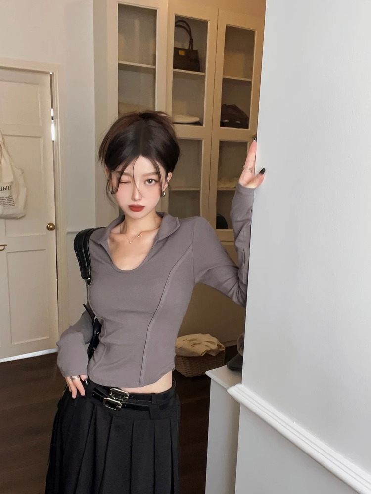 冰絲螺紋設計感翻領長袖T恤女秋季辣妹修身顯瘦短款不規則上衣