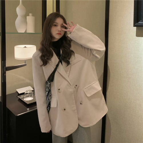 Real shot!  Quilted Corduroy Suit Jacket Women's Korean Style Loose Double-Breasted Suit Book Page Pocket Top