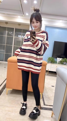 Striped knitwear women's long-sleeved European goods  new fashion loose and versatile round neck colorful striped sweater