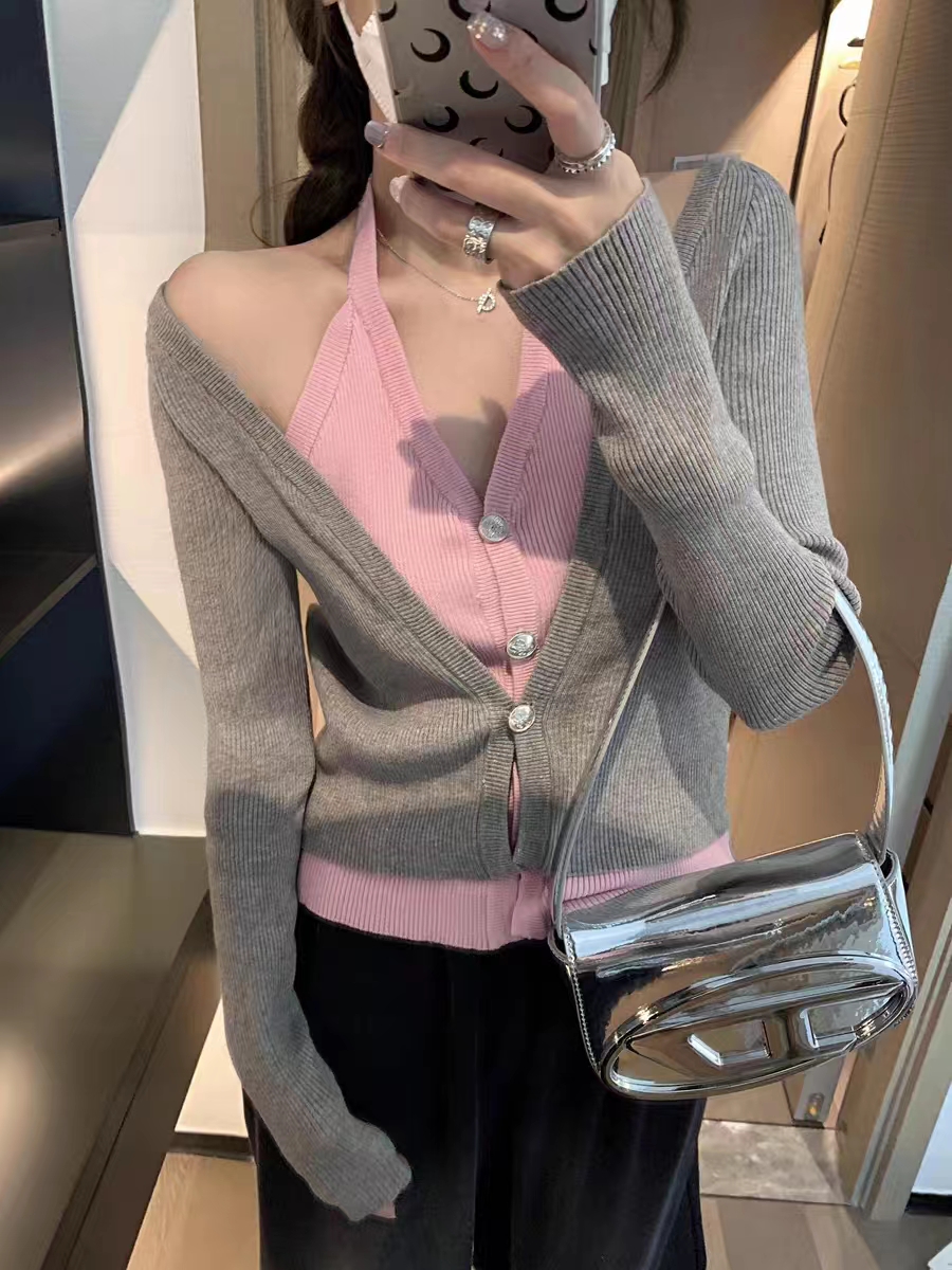 OHLABABY V領掛脖撞色假兩件針織開衫女毛衣早秋外套修身減齡上衣