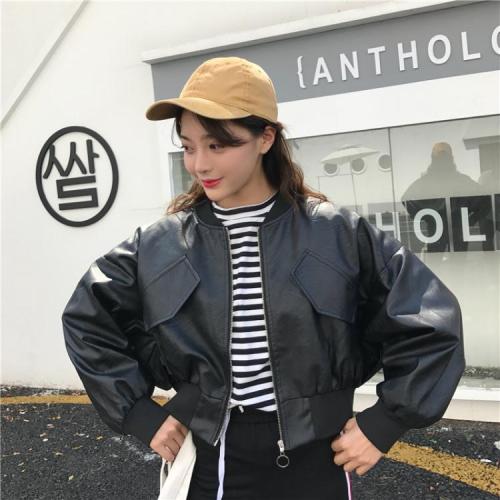 Spring and autumn new black Harajuku style motorcycle pu leather jacket Korean style baseball uniform short student jacket for women