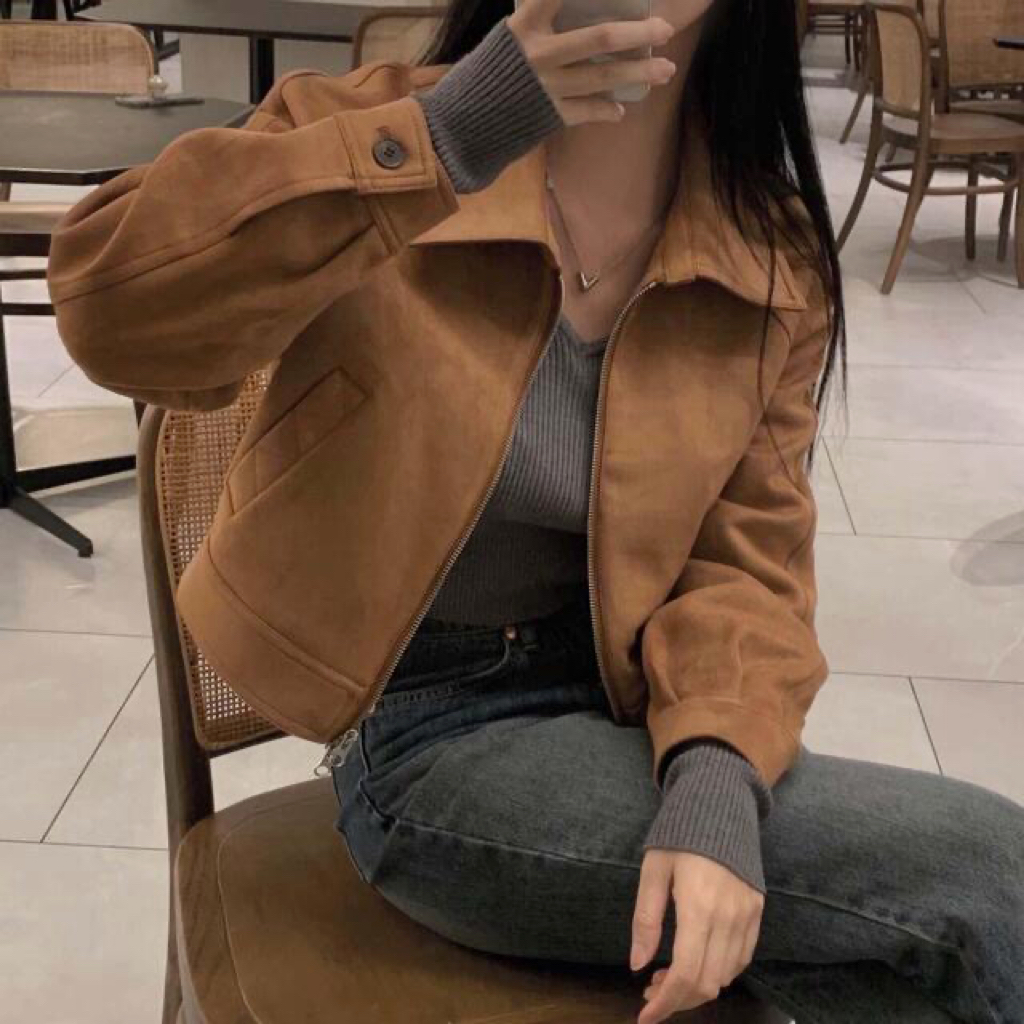 Korean chic autumn new retro lapel long-sleeved coat women's loose suede motorcycle jacket cardigan