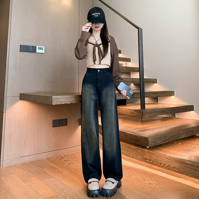 實拍2023秋冬新款牛仔褲女美式復古高腰寬鬆顯瘦直筒褲子