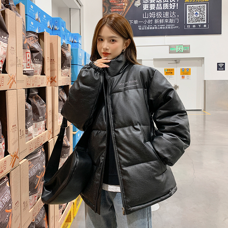 Actual shot of PU leather Korean style short down jacket for women in winter, loose and slimming, thickened, small bread coat, cotton jacket