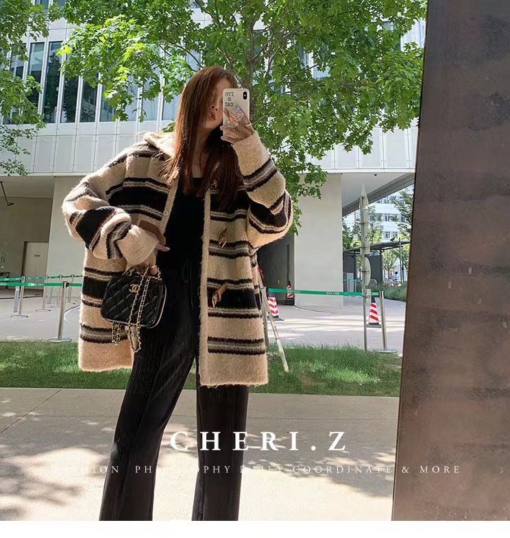 Zhang Zixuan CheriZ striped mohair cardigan sweater jacket women's autumn and winter long 2023 new sweater