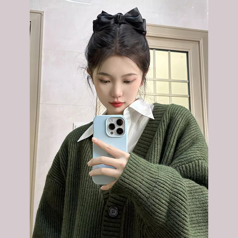 韓系慵懶風小個子綠色毛衣女秋冬2023新款針織開衫外套穿搭一整套