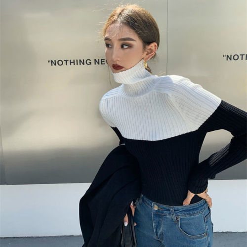 Colorblock knitted women's turtleneck inner long-sleeved sweater autumn and winter tight slimming Korean version versatile casual top core-spun yarn
