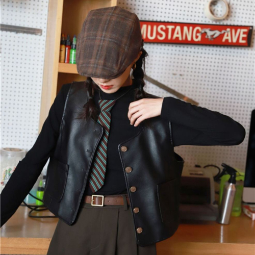  autumn new style single-breasted pu leather vest short round neck vest jacket women's top retro waistcoat