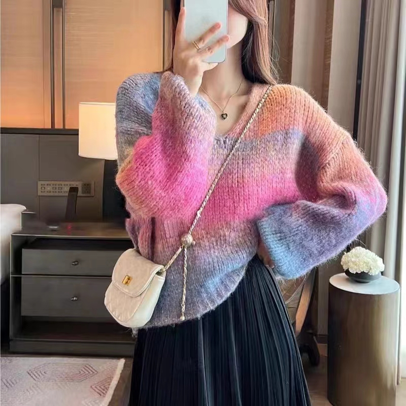 彩虹條紋毛衣女秋冬復古套頭撞色領漸變慵懶風寬鬆顯瘦長袖針織衫