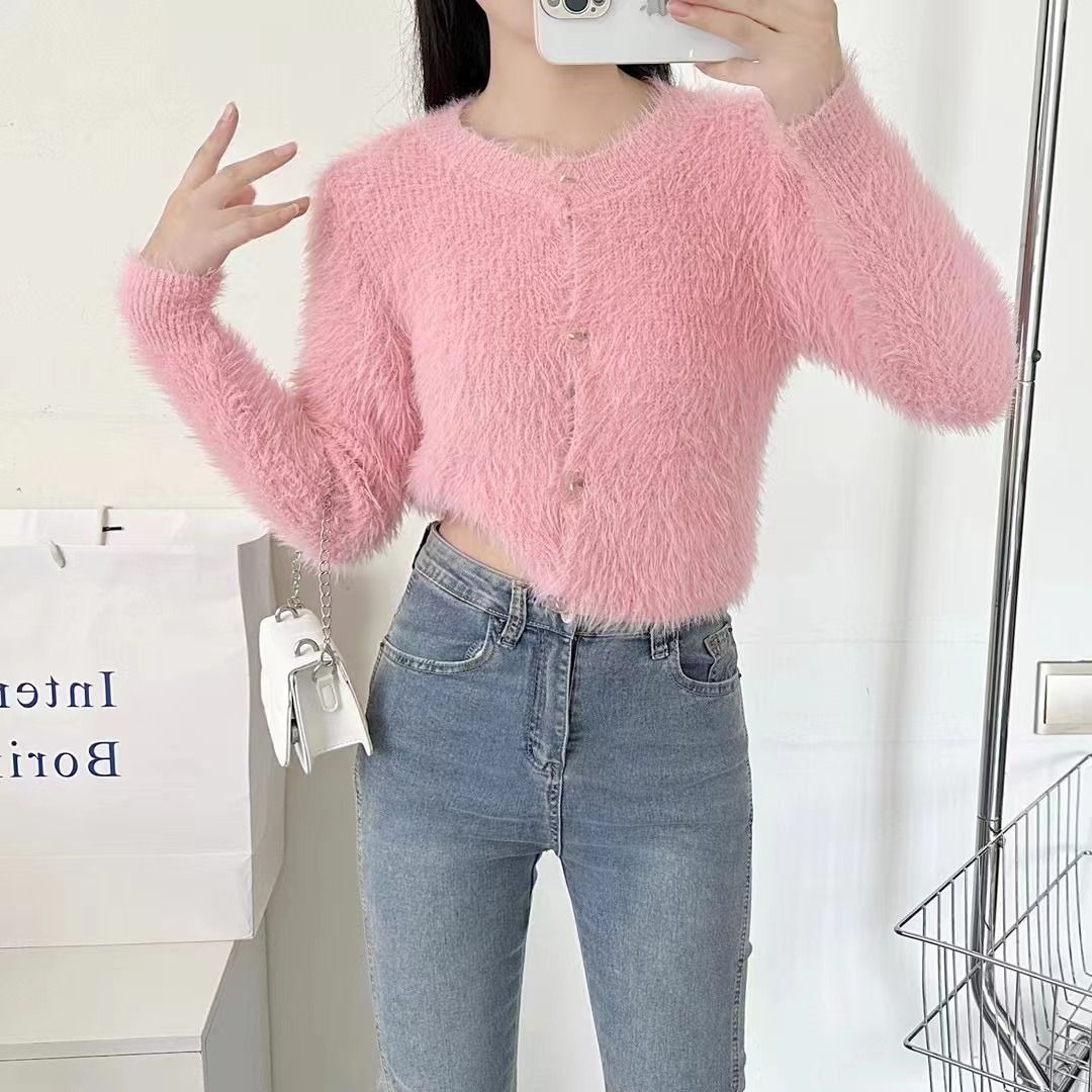 Mink velvet sweater jacket women's 2023 early autumn new French style sweet and spicy short knitted cardigan top