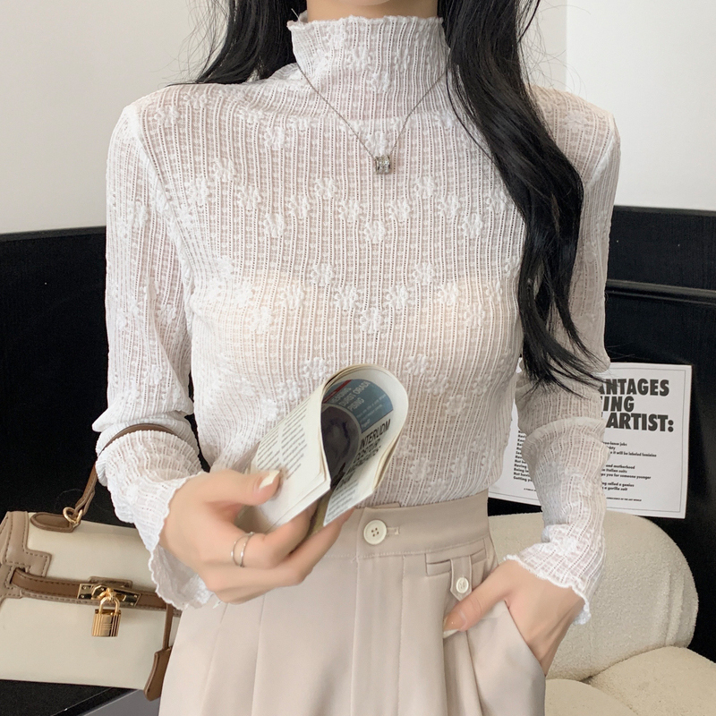 高領蕾絲內搭打底衫女秋冬季新款女裝雪紡氣質長袖顯瘦上衣高級感