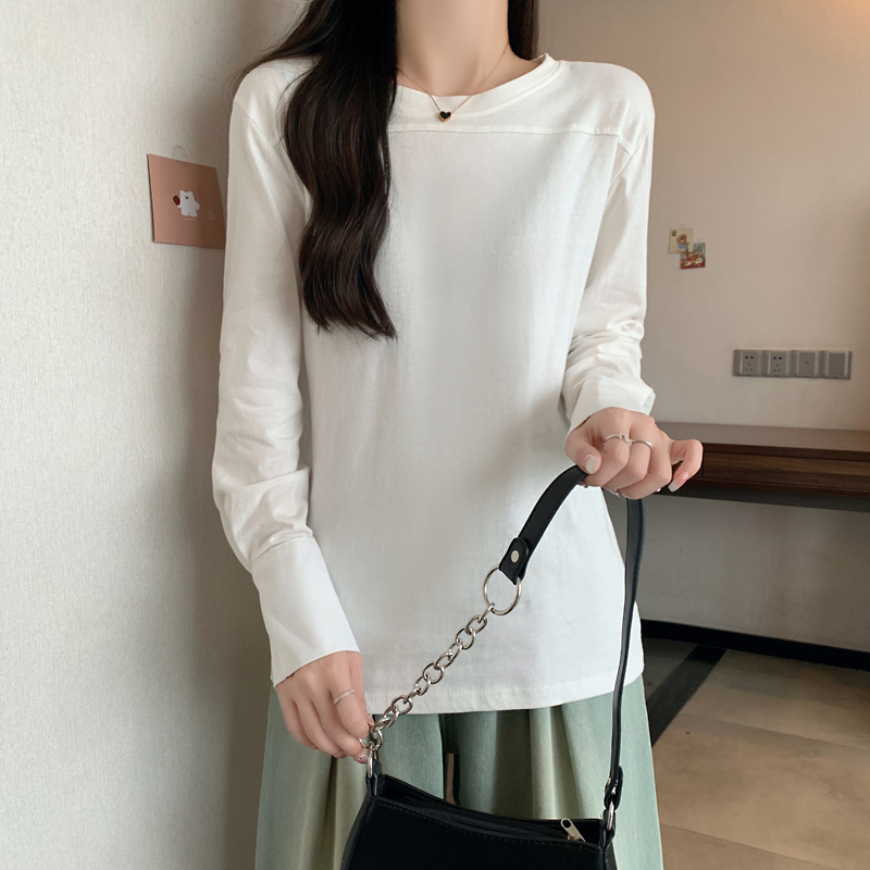 實拍 春秋新款簡約純棉白色打底衫女內搭寬鬆襯衫袖長袖t恤上衣