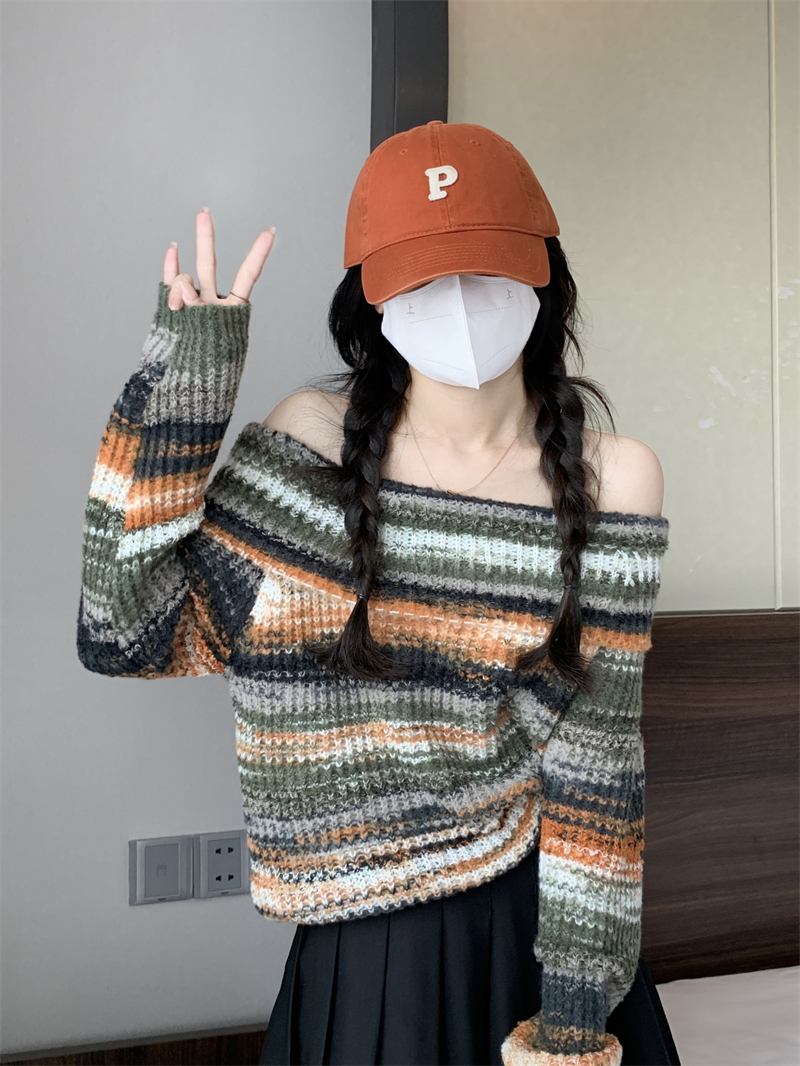 實拍~ 混色油畫鎖骨短款毛衣 甜辣風露肩長袖針織衫女