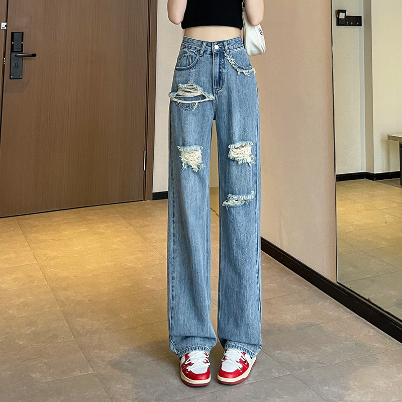 實拍2023秋季新款時尚潮流闊腿直筒復古牛仔褲女