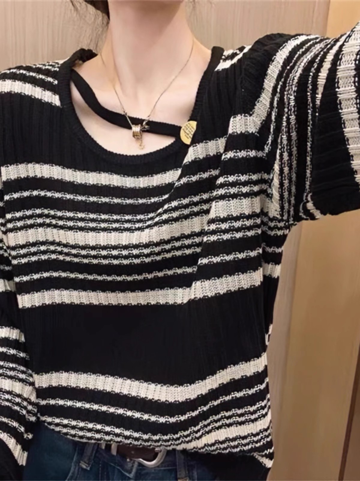 設計感條紋寬鬆打底針織衫女秋季新款胖mm遮肚子顯瘦小衫上衣
