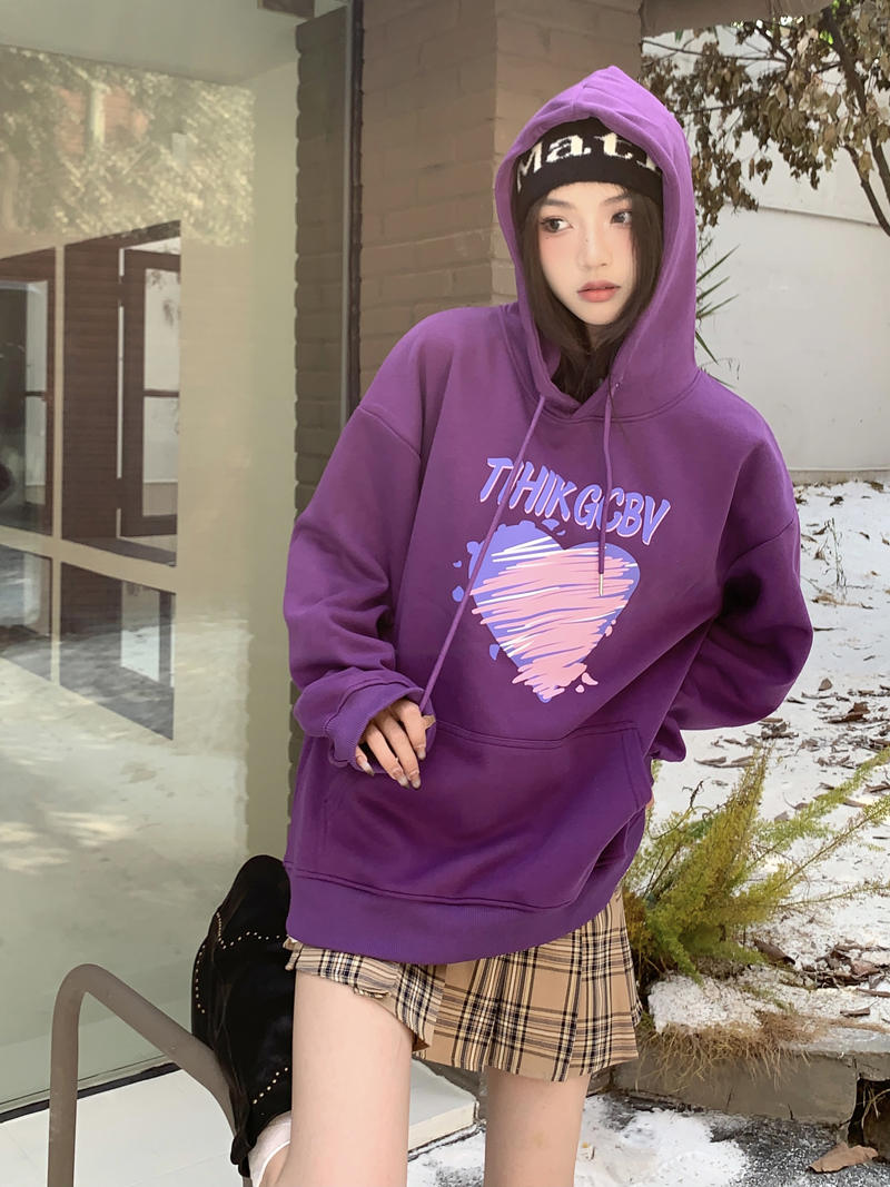 實拍~秋冬紫色連帽衛衣加絨加厚寬鬆顯瘦韓版印花慵懶上衣