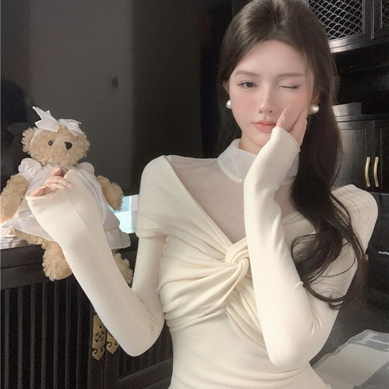 德絨網紗拼接磨毛打底衫女別致溫柔風辣妹半高領內搭上衣