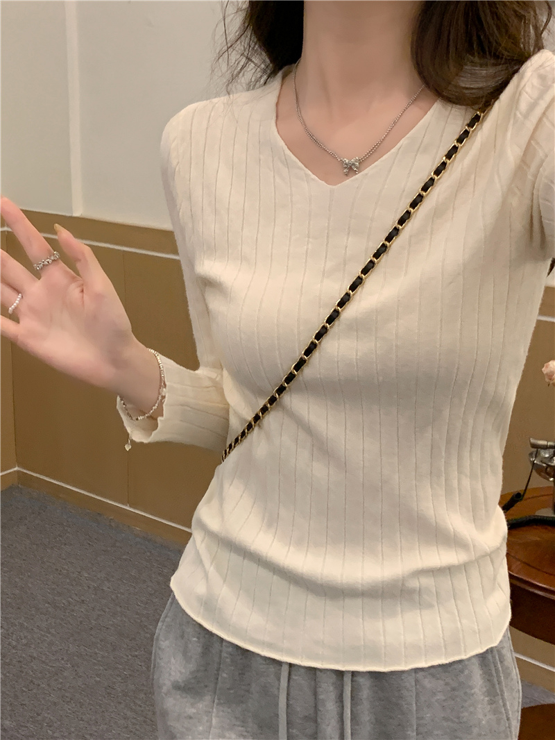 實拍包芯紗 V領坑條長袖針織衫女寬鬆顯瘦毛衣內搭上衣