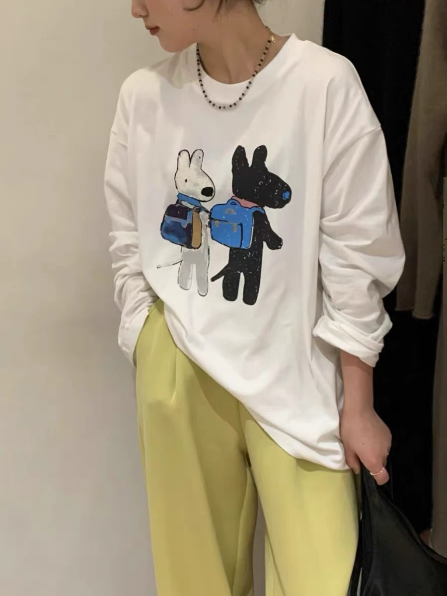 2023 Autumn New European and Korean Cartoon Dog Print Loose Round Neck Brushed Bottoming Long Sleeve T-Shirt for Women