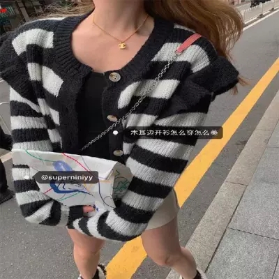 韓風chic2023春季新款木耳邊設計長袖黑白條紋針織衫開衫女春季