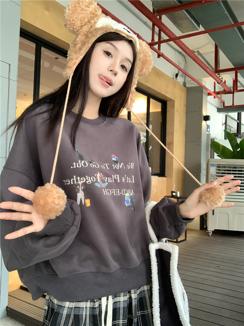 Actual shot of new Korean style loose letter print plus velvet pullover lazy style sweatshirt for women
