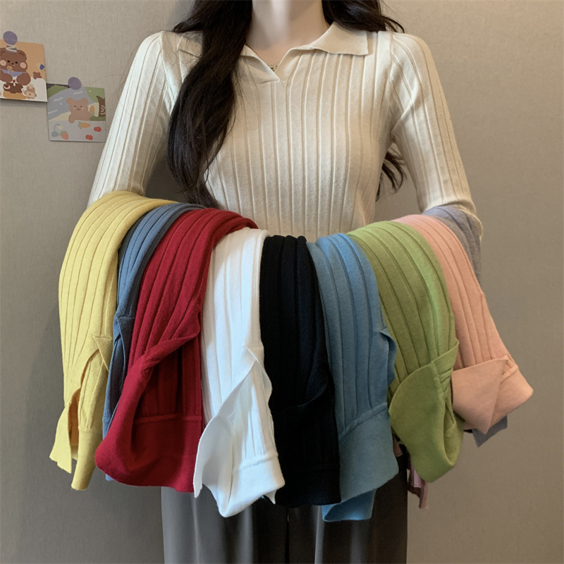 實拍 polo翻領針織衫溫柔風洋氣長袖上衣百搭修身V領毛衣女潮