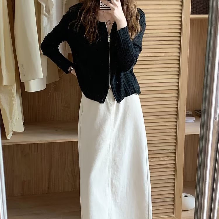 拉鏈針織開衫女秋2023新款韓版設計感小眾外搭上衣顯瘦短款上衣潮