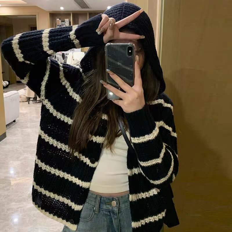 Black and white striped hooded knitted cardigan sweater for women 2023 new autumn and winter casual tops and jackets for women ins trend