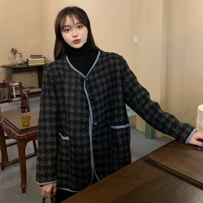實拍大碼女裝洋氣小香風毛呢格子外套胖MM百搭減齡上衣M-4XL200斤