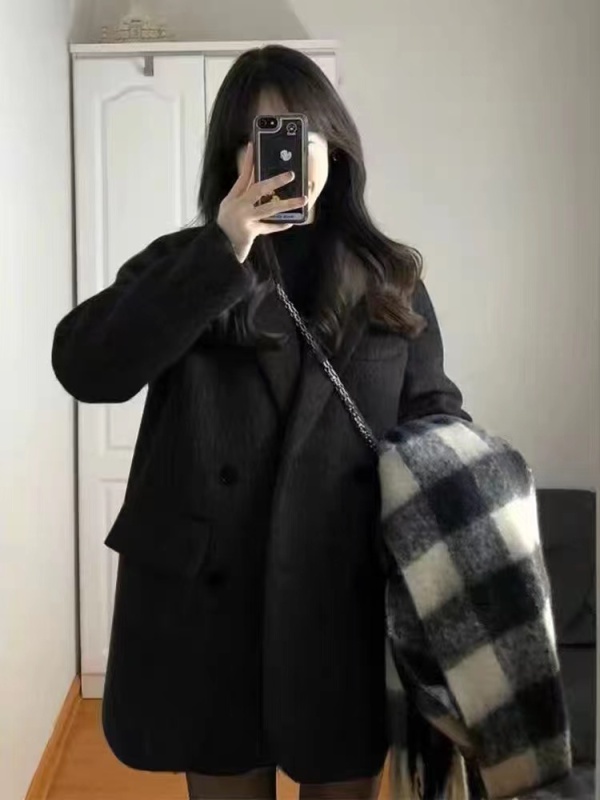 Gray woolen coat for women 2023 spring and autumn new style thickened loose high-end small suit woolen coat for women