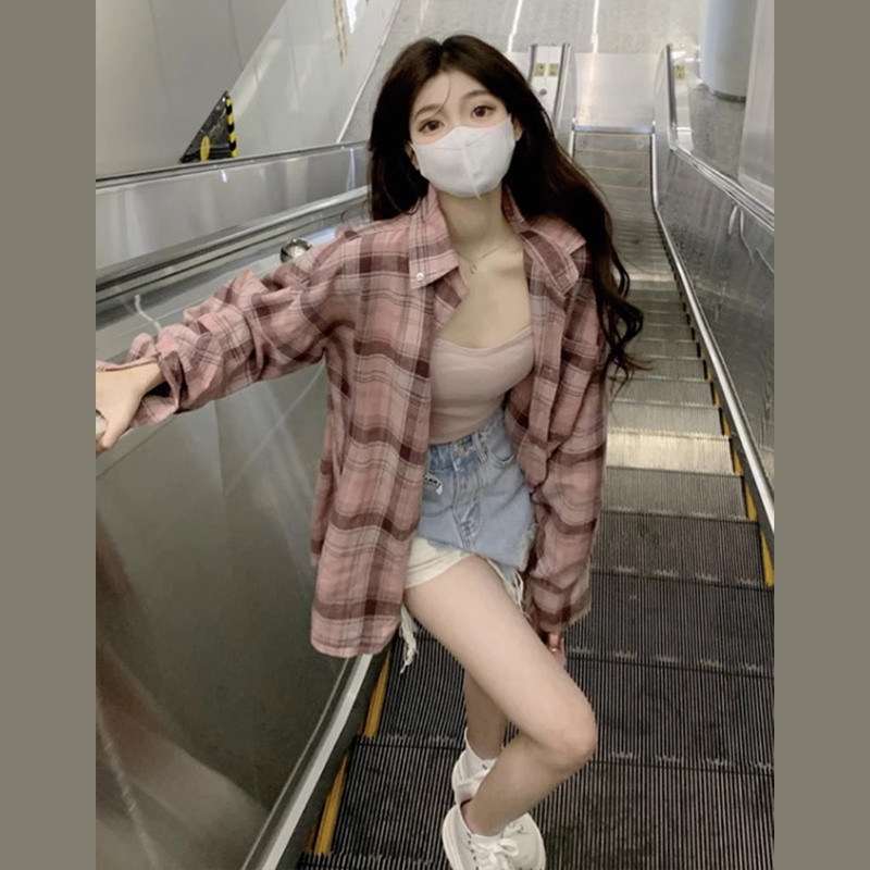 粉色格子襯衫外套女春秋2023秋裝新款設計感小眾襯衣氣質長袖上衣