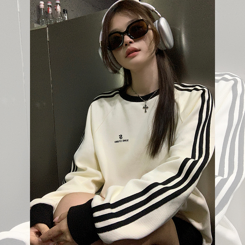 宋小恩條紋圓領衛衣女2023新款春秋小眾設計感寬鬆慵懶風上衣