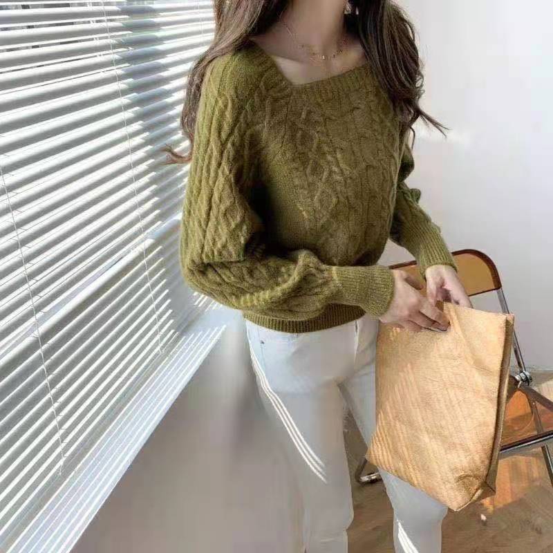方領毛衣女復古加厚麻花秋冬新款韓版寬鬆外穿收腰顯瘦針織衫打底