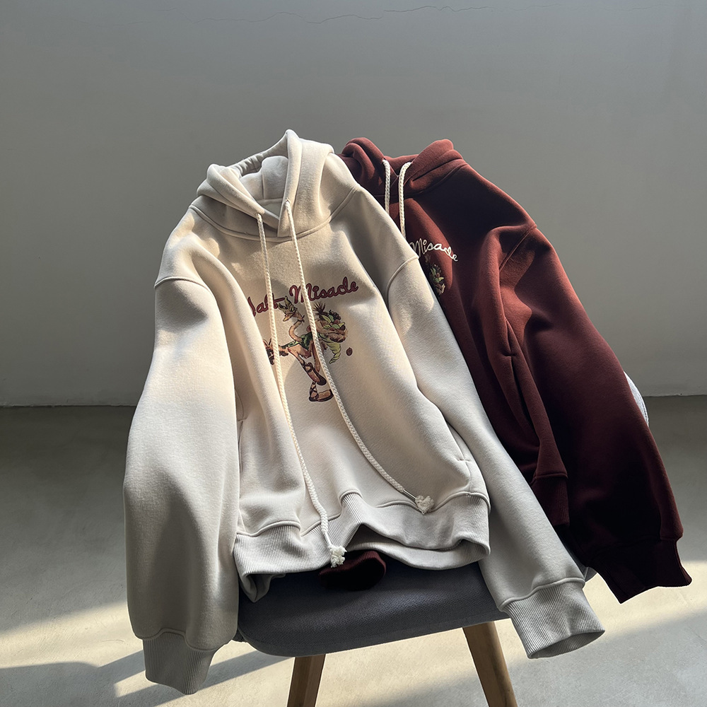 Real shot~Fleece warm cartoon printed hooded sweatshirt for women 2023 winter casual versatile long-sleeved top