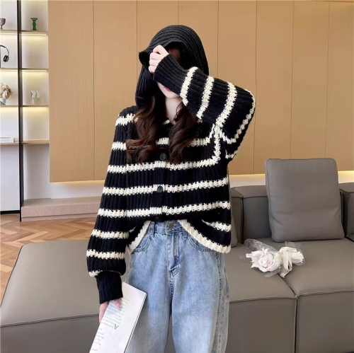 Black and white striped hooded knitted cardigan sweater for women  new autumn and winter casual tops and jackets for women ins trend