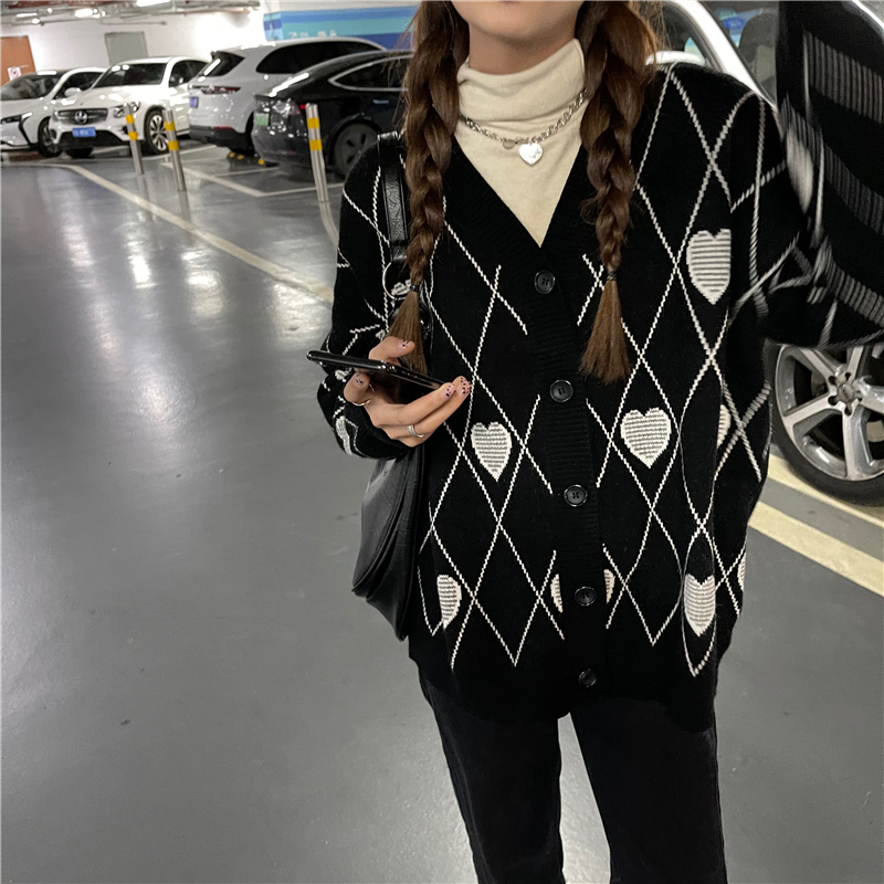 菱格愛心提花毛衣外套女2023年春秋季新款長袖v領針織開衫上衣潮