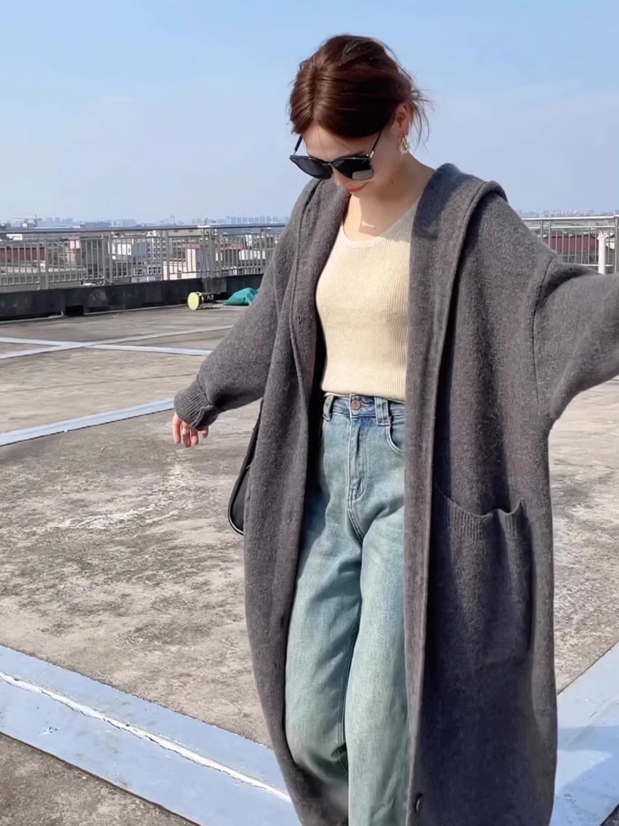 慵懶風連帽針織開衫女加厚2023新款秋冬中長款寬鬆毛衣外套大衣