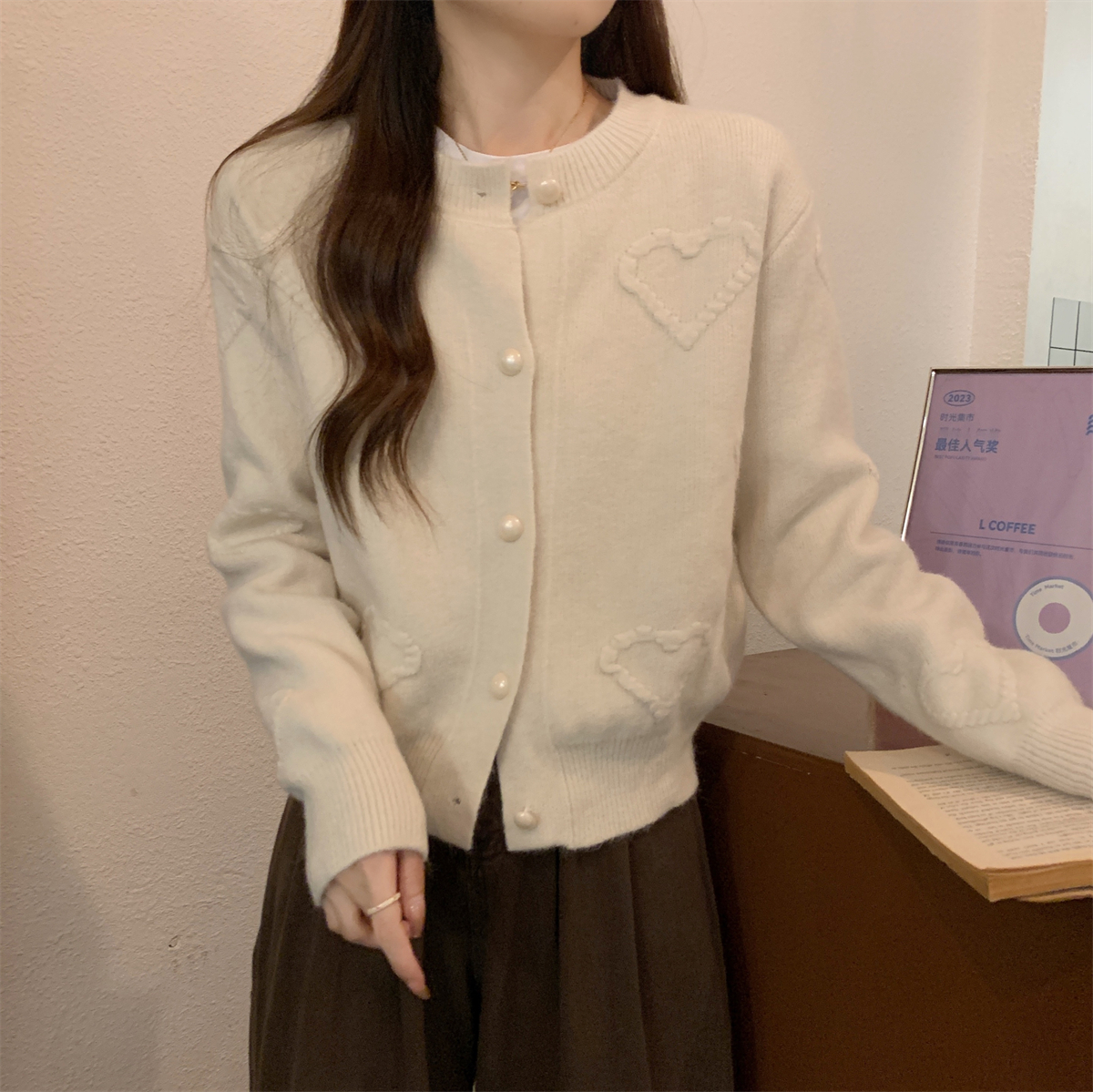 實拍 秋冬韓版寬鬆圓領愛心提花設計感北極絨針織毛衣女外套