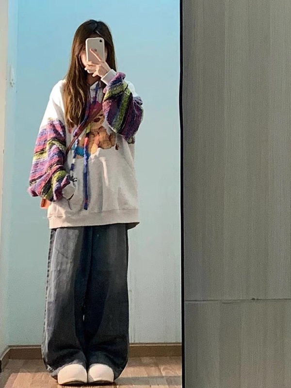 美式卡通小狗連帽衛衣女春秋2023新款小個子慵懶chic彩紗拼接外套