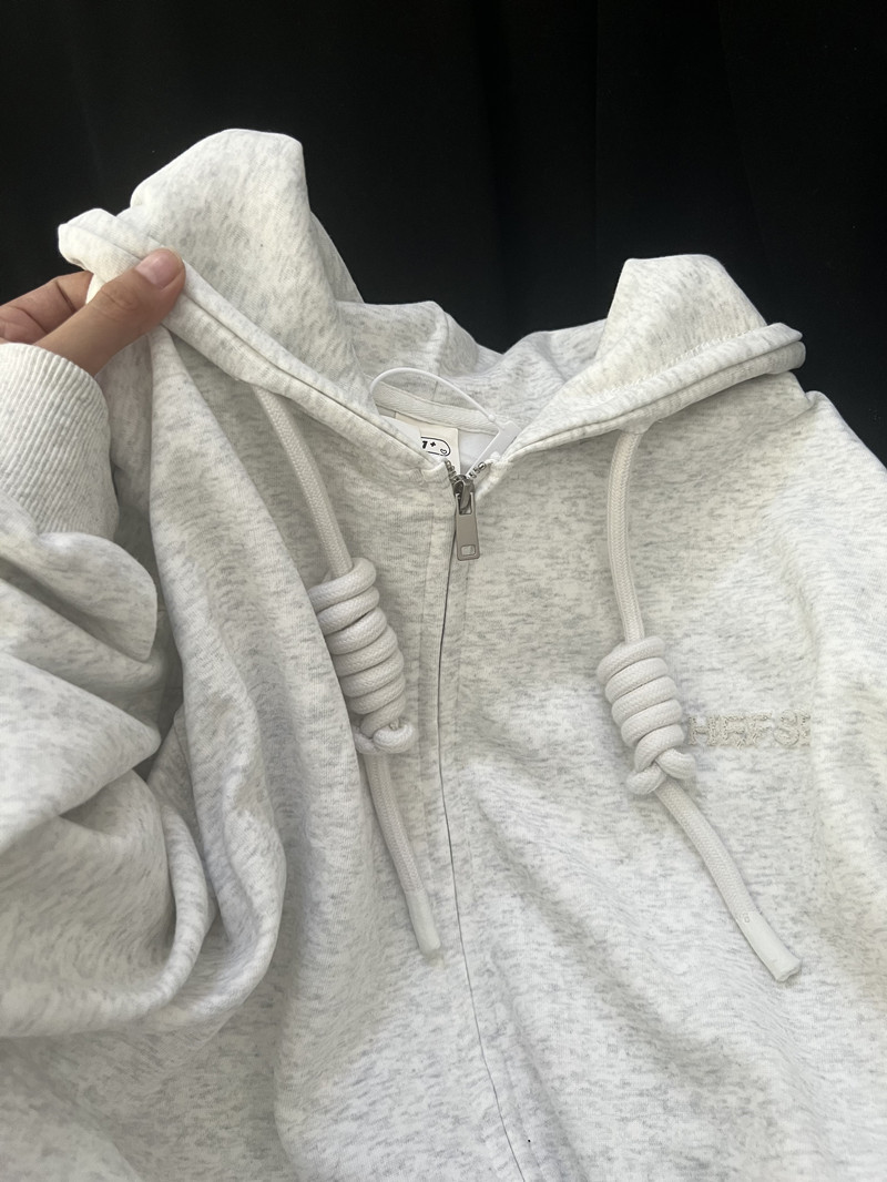 奶呼呼學生系白灰色連帽外套衛衣女春秋寬鬆oversize刺繡潮牌上衣