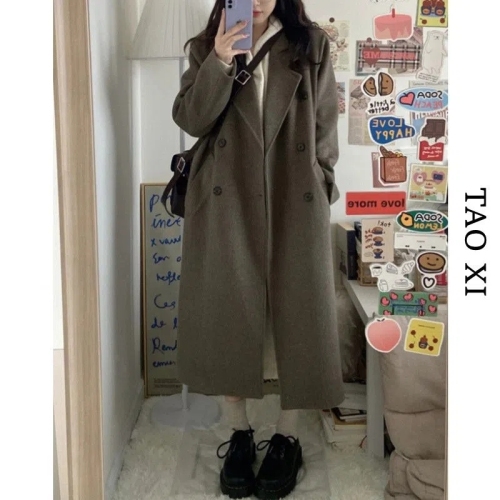 Black woolen coat women's mid-length winter new style student Korean style loose slimming thick woolen coat