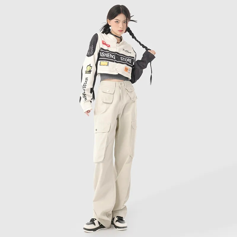 美式潮牌工裝褲男女款2023早春新款嘻哈寬鬆設計感休閒拖地褲ins