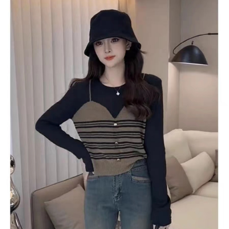 早秋時尚韓版洋氣撞色條紋拼接假兩件針織衫女氣質百搭高級感上衣