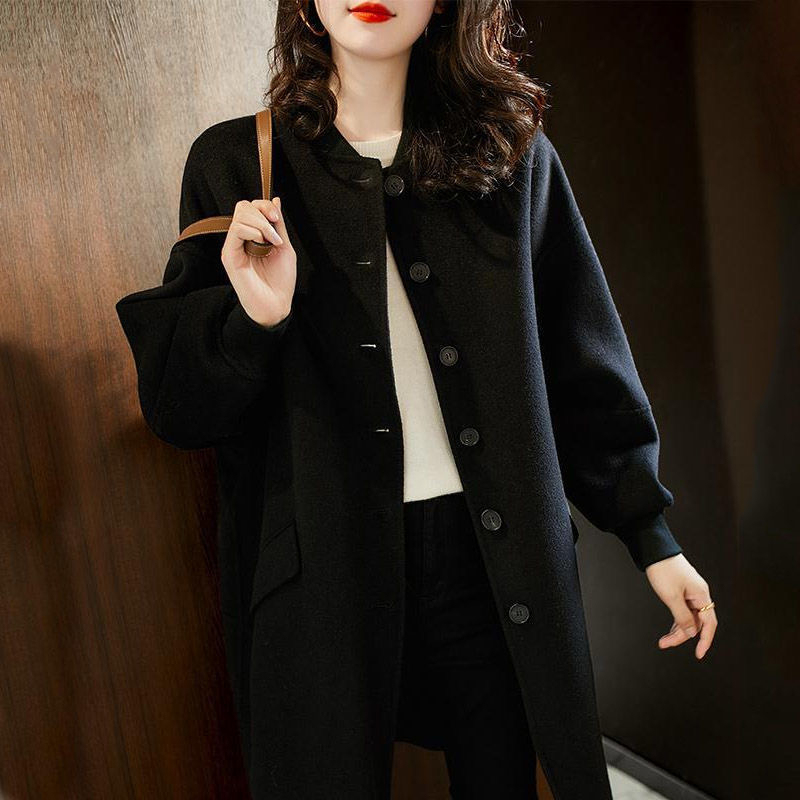 黑色毛呢外套女2023秋季新款洋氣中長款修身顯瘦休閒百搭呢子大衣