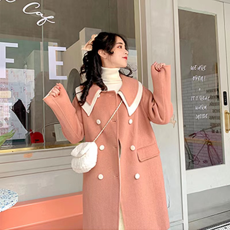 Double-breasted Hepburn style coat for women, autumn and winter new style British woolen coat for women, mid-length Korean style loose coat