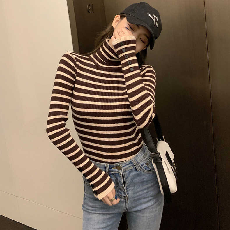 條紋高領打底毛衣女秋冬季年新款韓版修身條紋內搭針織衫上衣