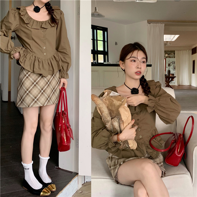 實拍 韓系少女~荷葉邊領泡泡袖長袖襯衫