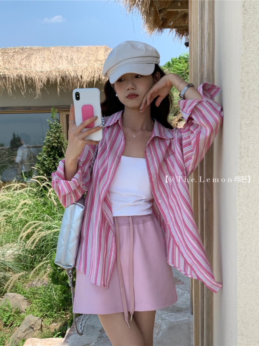 檸檬綠茶韓國東大門秋新款女豎條紋慵懶風系扣男友襯衫